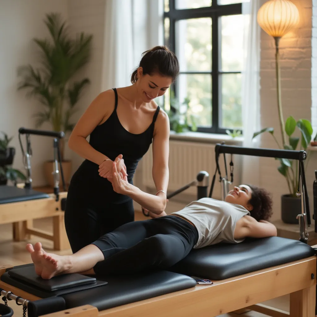 Instructor ayudando a cliente a mejorar postura pilates